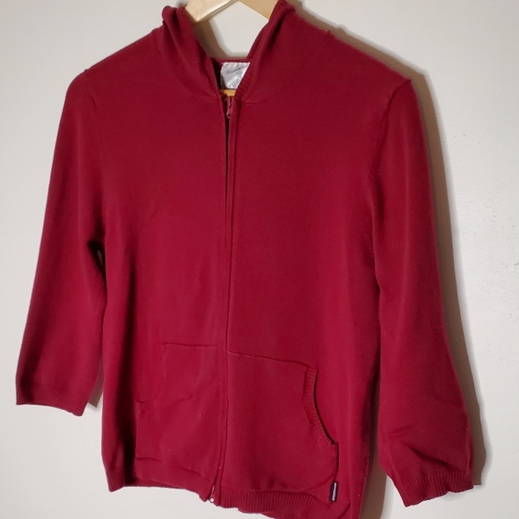 Burgundy Flat Knit Basic Casual Zip-Up Hoodie Sweather with Pockets - Picture 6 of 12